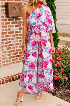 Online Dear-Lover Floral Print Asymmetrical Neckline Single Shoulder Drape Sleeve Belted Jumpsuit Pink