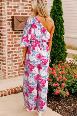 Online Dear-Lover Floral Print Asymmetrical Neckline Single Shoulder Drape Sleeve Belted Jumpsuit Pink