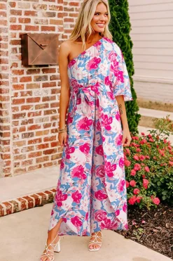 Online Dear-Lover Floral Print Asymmetrical Neckline Single Shoulder Drape Sleeve Belted Jumpsuit Pink