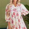 Hot Dear-Lover Floral Print Balloon Sleeve V Neck Babydoll Mini Dress Pink