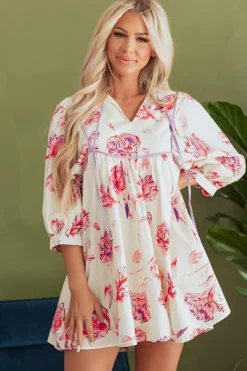 Hot Dear-Lover Floral Print Balloon Sleeve V Neck Babydoll Mini Dress Pink