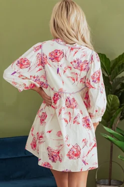 Hot Dear-Lover Floral Print Balloon Sleeve V Neck Babydoll Mini Dress Pink