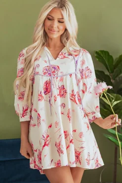 Hot Dear-Lover Floral Print Balloon Sleeve V Neck Babydoll Mini Dress Pink