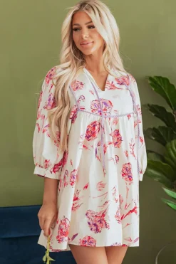 Hot Dear-Lover Floral Print Balloon Sleeve V Neck Babydoll Mini Dress Pink