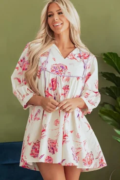 Hot Dear-Lover Floral Print Balloon Sleeve V Neck Babydoll Mini Dress Pink