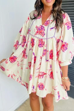 Hot Dear-Lover Floral Print Balloon Sleeve V Neck Babydoll Mini Dress Pink