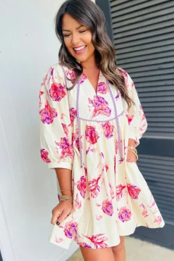 Hot Dear-Lover Floral Print Balloon Sleeve V Neck Babydoll Mini Dress Pink