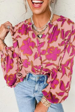 Fashion Dear-Lover Floral Print Batwing Sleeve Buttoned Loose Fit Shirt Pink