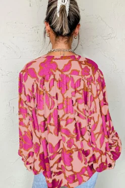 Fashion Dear-Lover Floral Print Batwing Sleeve Buttoned Loose Fit Shirt Pink
