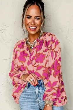 Fashion Dear-Lover Floral Print Batwing Sleeve Buttoned Loose Fit Shirt Pink