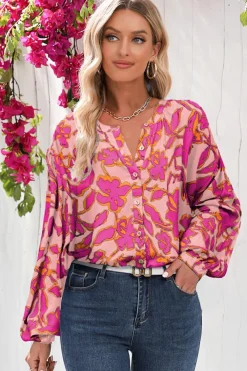 Fashion Dear-Lover Floral Print Batwing Sleeve Buttoned Loose Fit Shirt Pink