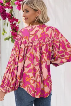 Fashion Dear-Lover Floral Print Batwing Sleeve Buttoned Loose Fit Shirt Pink