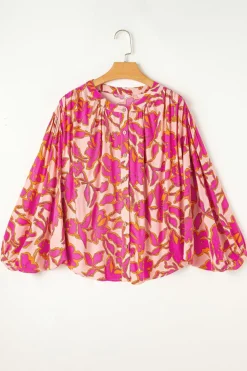Fashion Dear-Lover Floral Print Batwing Sleeve Buttoned Loose Fit Shirt Pink