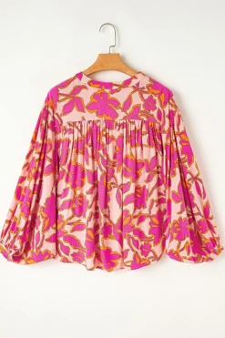 Fashion Dear-Lover Floral Print Batwing Sleeve Buttoned Loose Fit Shirt Pink