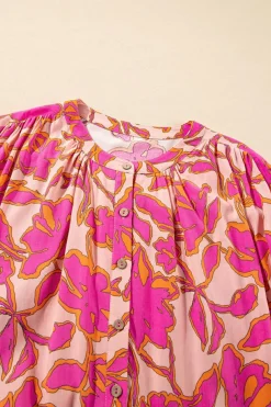 Fashion Dear-Lover Floral Print Batwing Sleeve Buttoned Loose Fit Shirt Pink
