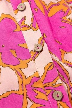 Fashion Dear-Lover Floral Print Batwing Sleeve Buttoned Loose Fit Shirt Pink