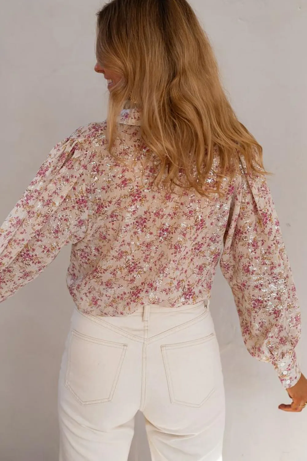 Outlet Dear-Lover Floral Print Bishop Sleeve Collared V Neck Shirt Pink