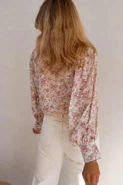 Outlet Dear-Lover Floral Print Bishop Sleeve Collared V Neck Shirt Pink