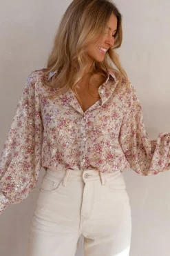 Outlet Dear-Lover Floral Print Bishop Sleeve Collared V Neck Shirt Pink