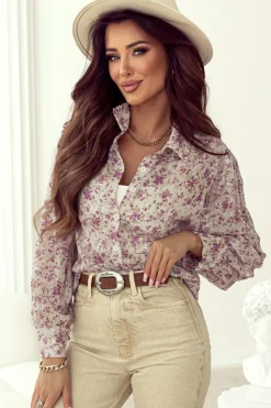 Outlet Dear-Lover Floral Print Bishop Sleeve Collared V Neck Shirt Pink