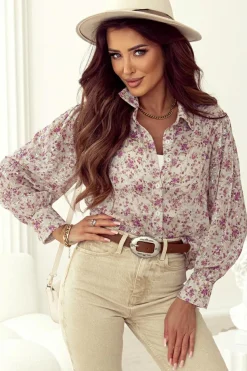 Outlet Dear-Lover Floral Print Bishop Sleeve Collared V Neck Shirt Pink
