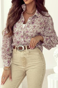 Outlet Dear-Lover Floral Print Bishop Sleeve Collared V Neck Shirt Pink