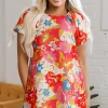 Clearance Dear-Lover Floral Print Bubble Short Sleeve Dress Pink