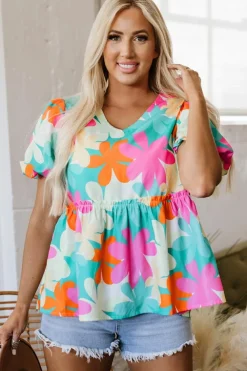 Best Dear-Lover Floral Print Bubble Sleeve V Neck Peplum Blouse Pink