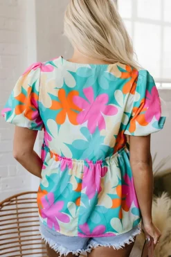 Best Dear-Lover Floral Print Bubble Sleeve V Neck Peplum Blouse Pink