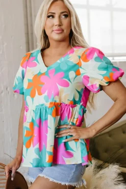 Best Dear-Lover Floral Print Bubble Sleeve V Neck Peplum Blouse Pink