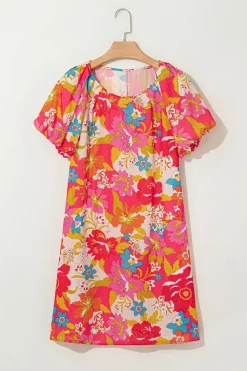 Clearance Dear-Lover Floral Print Bubble Short Sleeve Dress Pink