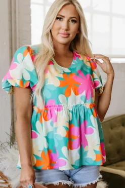 Best Dear-Lover Floral Print Bubble Sleeve V Neck Peplum Blouse Pink