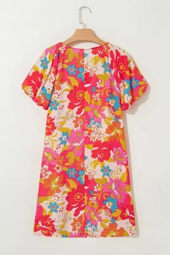 Clearance Dear-Lover Floral Print Bubble Short Sleeve Dress Pink