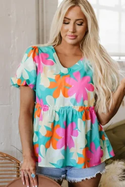 Best Dear-Lover Floral Print Bubble Sleeve V Neck Peplum Blouse Pink