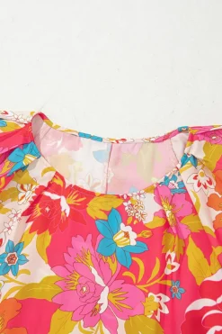 Clearance Dear-Lover Floral Print Bubble Short Sleeve Dress Pink