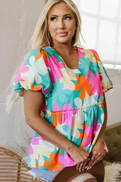 Best Dear-Lover Floral Print Bubble Sleeve V Neck Peplum Blouse Pink