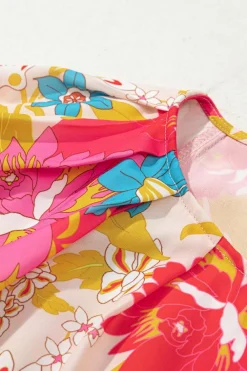 Clearance Dear-Lover Floral Print Bubble Short Sleeve Dress Pink