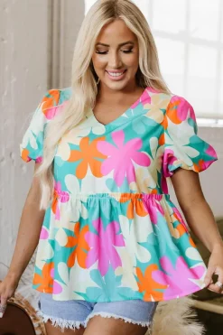 Best Dear-Lover Floral Print Bubble Sleeve V Neck Peplum Blouse Pink