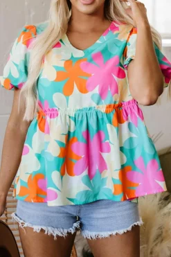 Best Dear-Lover Floral Print Bubble Sleeve V Neck Peplum Blouse Pink