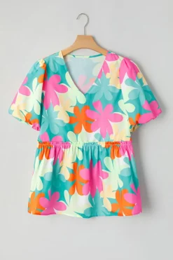 Best Dear-Lover Floral Print Bubble Sleeve V Neck Peplum Blouse Pink