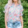 Online Dear-Lover Floral Print Button Split Neck Puff Sleeve Blouse Pink