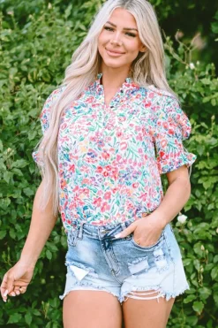Online Dear-Lover Floral Print Button Split Neck Puff Sleeve Blouse Pink