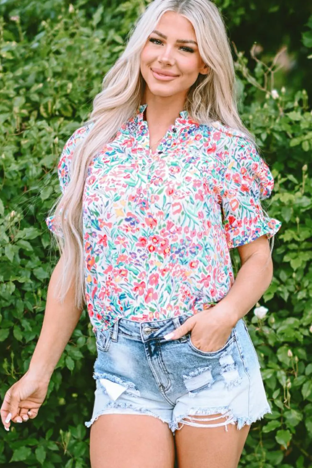 Online Dear-Lover Floral Print Button Split Neck Puff Sleeve Blouse Pink