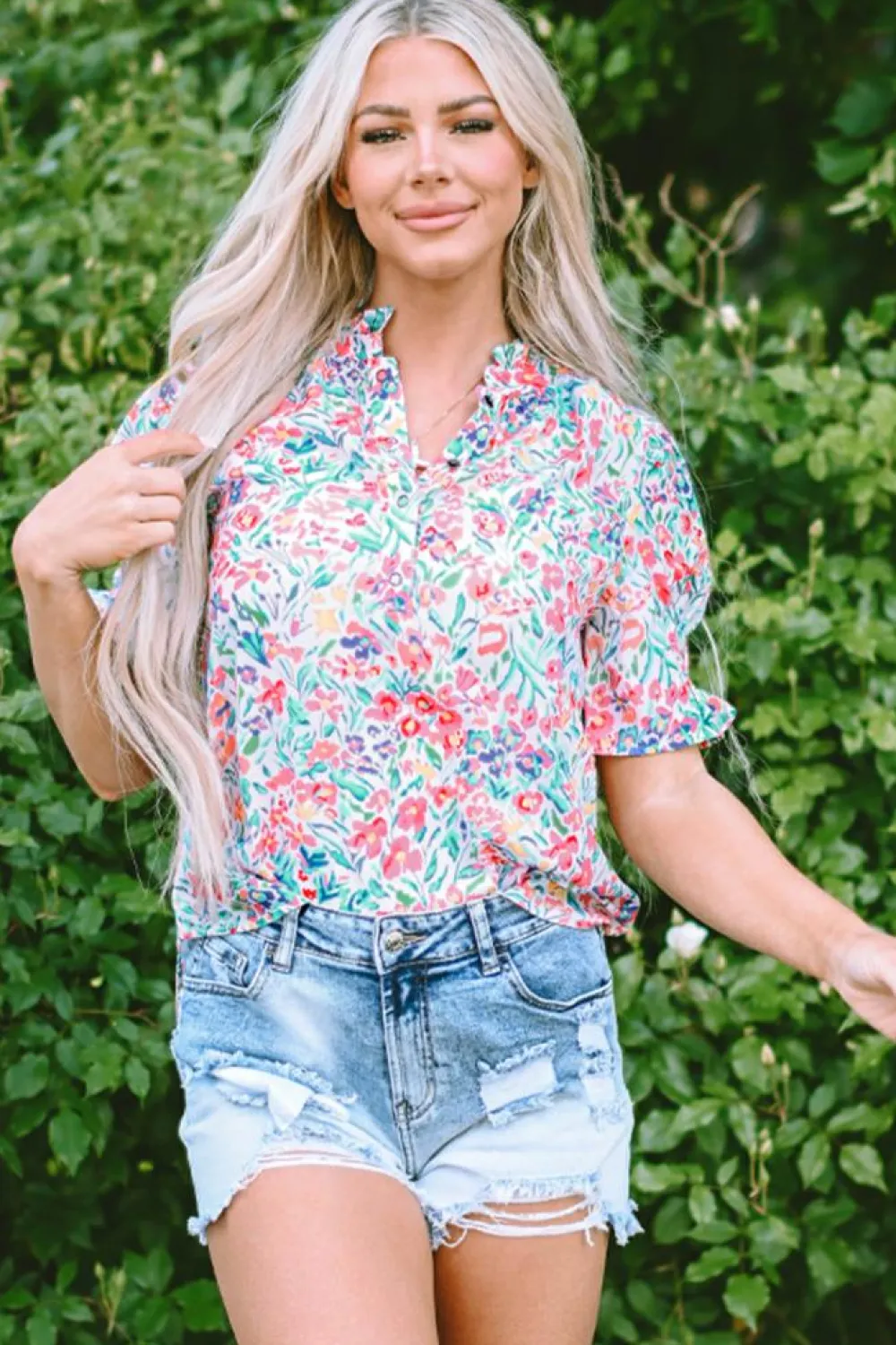 Online Dear-Lover Floral Print Button Split Neck Puff Sleeve Blouse Pink