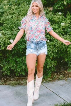Online Dear-Lover Floral Print Button Split Neck Puff Sleeve Blouse Pink