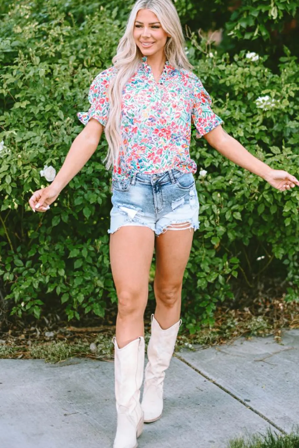 Online Dear-Lover Floral Print Button Split Neck Puff Sleeve Blouse Pink