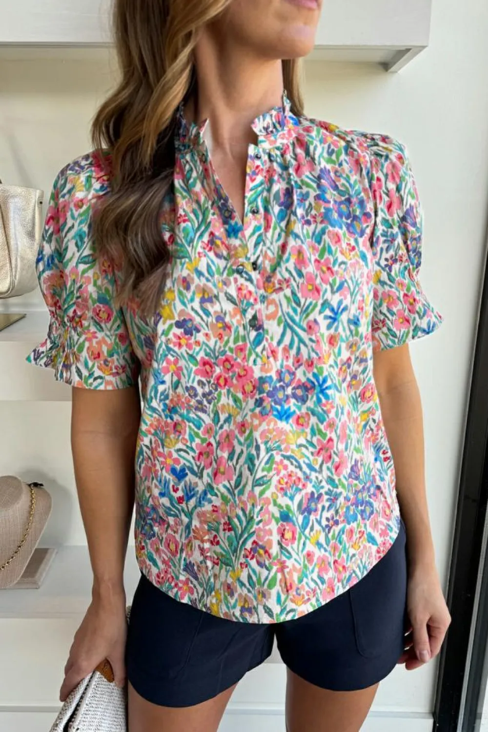 Online Dear-Lover Floral Print Button Split Neck Puff Sleeve Blouse Pink