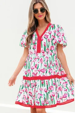 Discount Dear-Lover Floral Print Contrast Trim V Neck Bubble Short Sleeve Babydoll Dress Pink