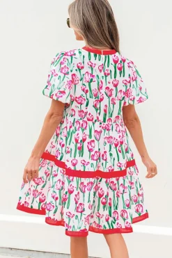 Discount Dear-Lover Floral Print Contrast Trim V Neck Bubble Short Sleeve Babydoll Dress Pink