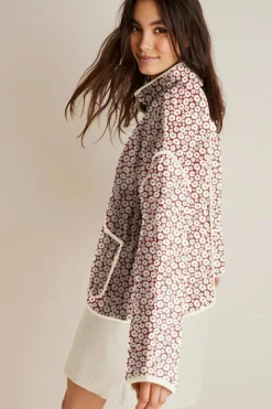 Best Dear-Lover Floral Print Contrast Edge Pocketed Stand Neck Jacket Pink